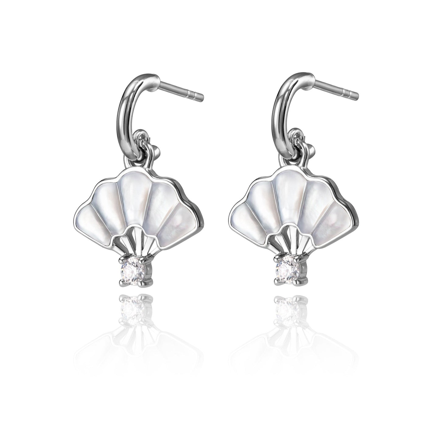 Floral Fan Dangle Earrings Silver with white Mother of Pearl