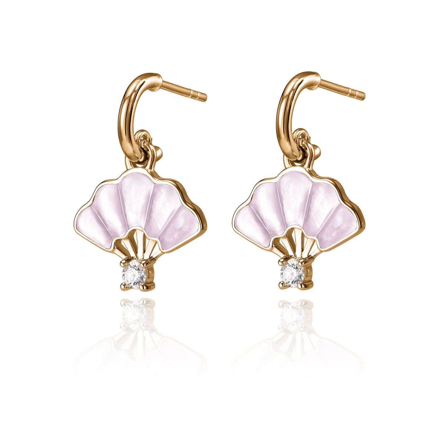 Floral Fan Dangle Earrings Gold with pink Mother of Pearl