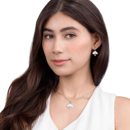 Floral Fan Dangle Earrings Silver with white Mother of Pearl