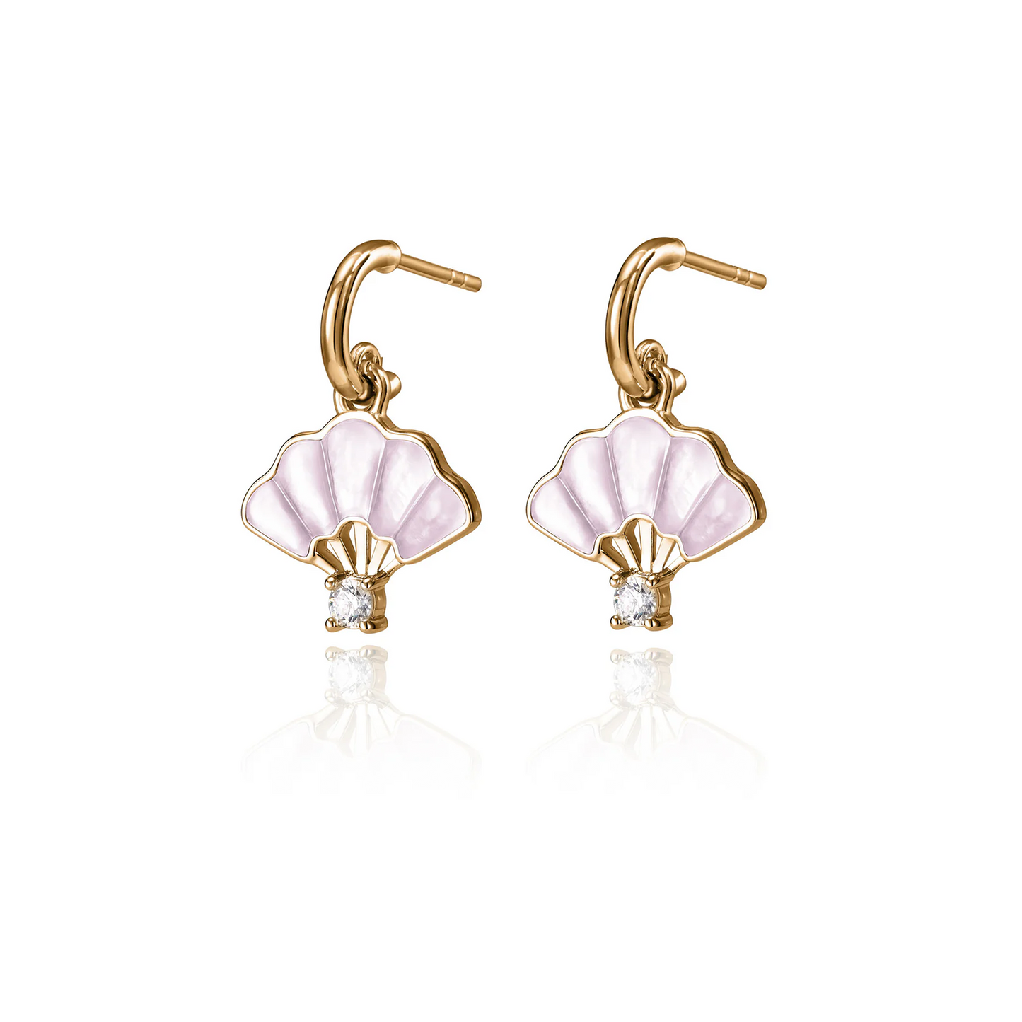 Floral Fan Dangle Earrings Gold with pink Mother of Pearl