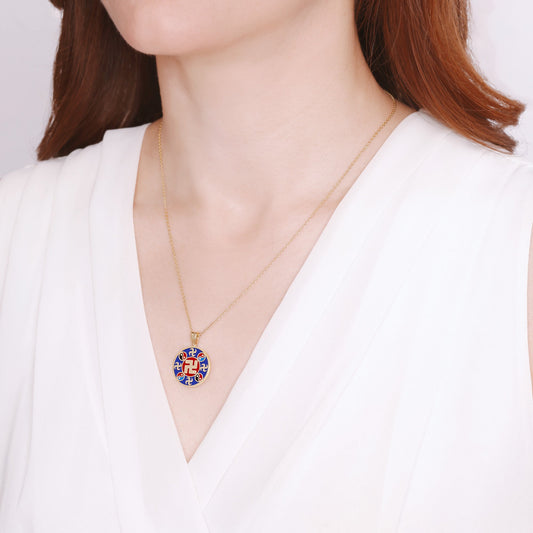 Falun Enamel Indigo Blue Pendant 18kt Yellow Gold 20mm