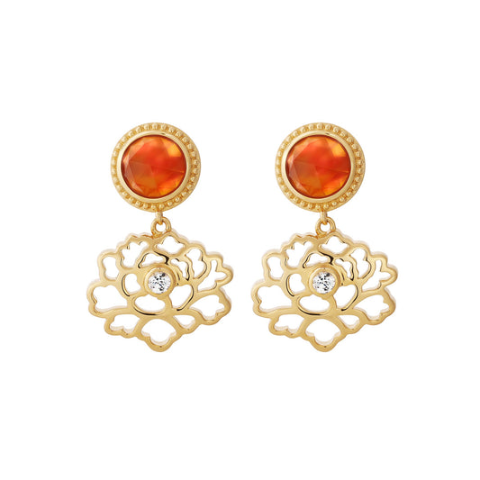 Majestic Tang Peony Earrings Gold Vermeil with Orange Carnelian