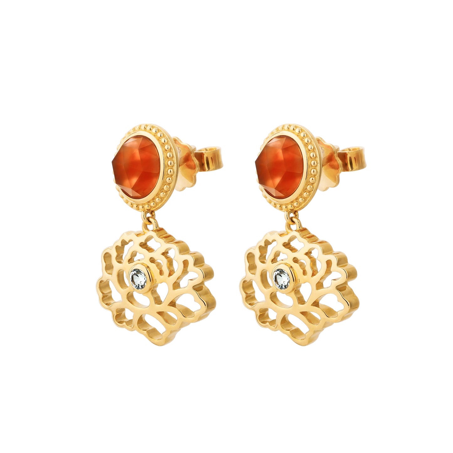 Majestic Tang Peony Earrings Gold Vermeil with Orange Carnelian