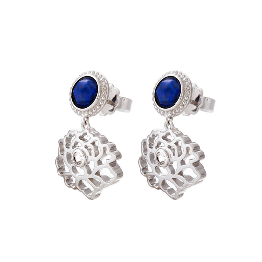 Majestic Tang Peony Earrings Silver with Lapis