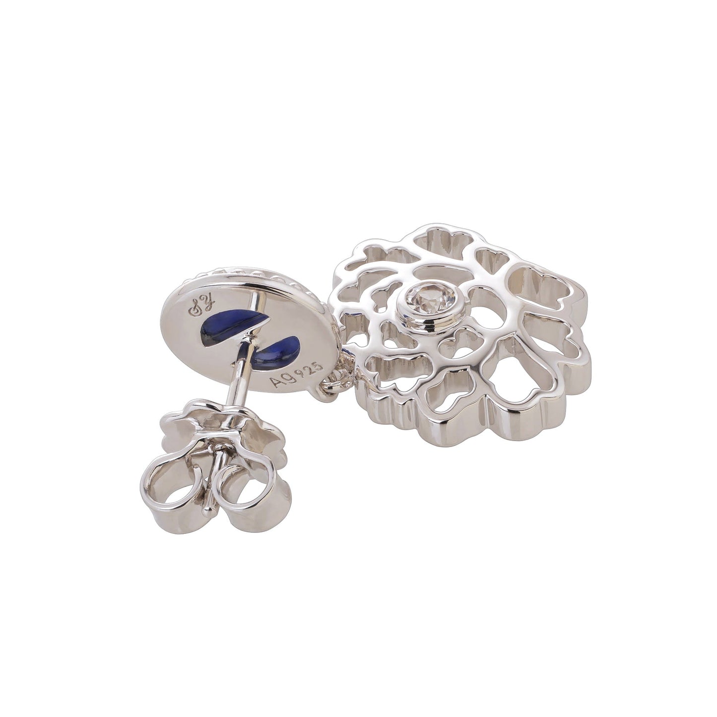 Majestic Tang Peony Earrings Silver with Lapis