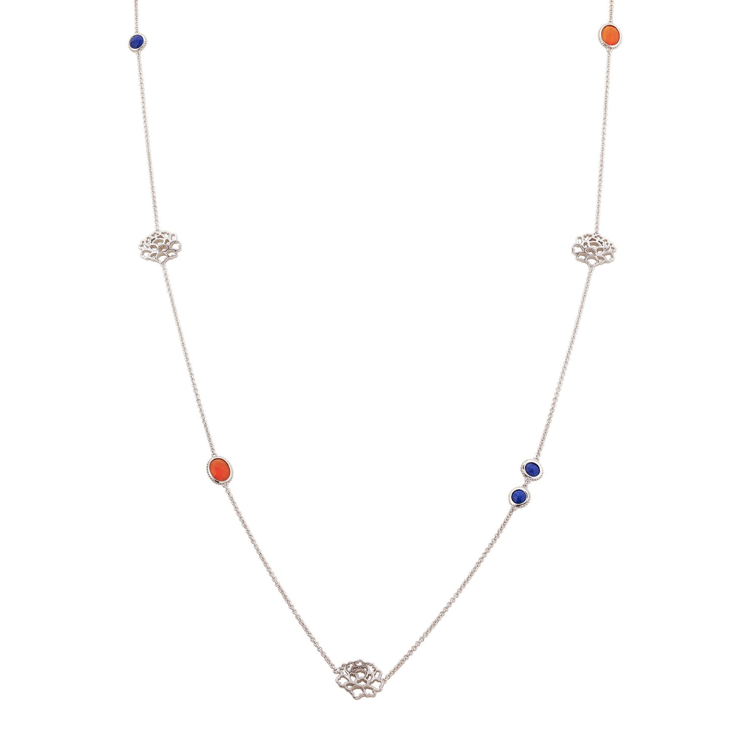 Majestic Tang Peony Long Necklace Silver