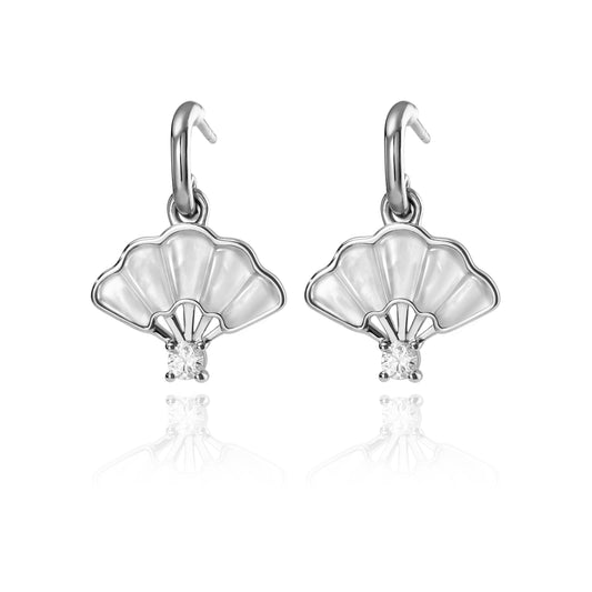 Floral Fan Dangle Earrings Silver with white Mother of Pearl
