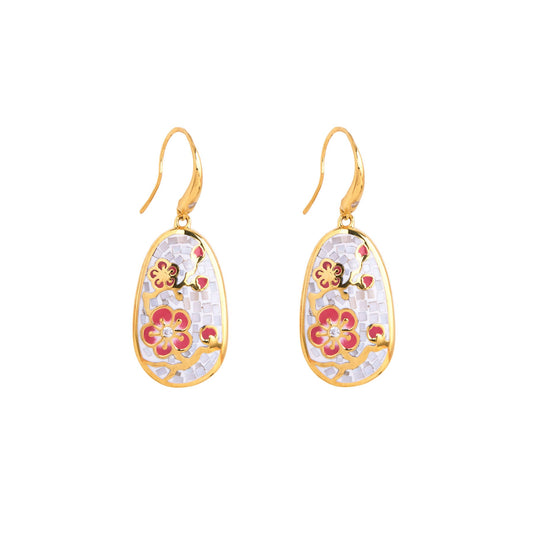 Plum Blossom Mosaic Mother of Pearl Earrings Gold