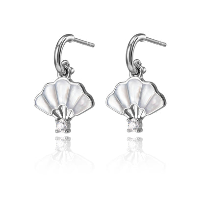 Floral Fan Dangle Earrings Silver with white Mother of Pearl