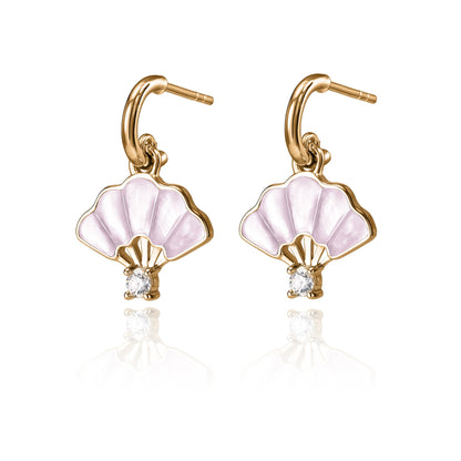 Floral Fan Dangle Earrings Gold with pink Mother of Pearl