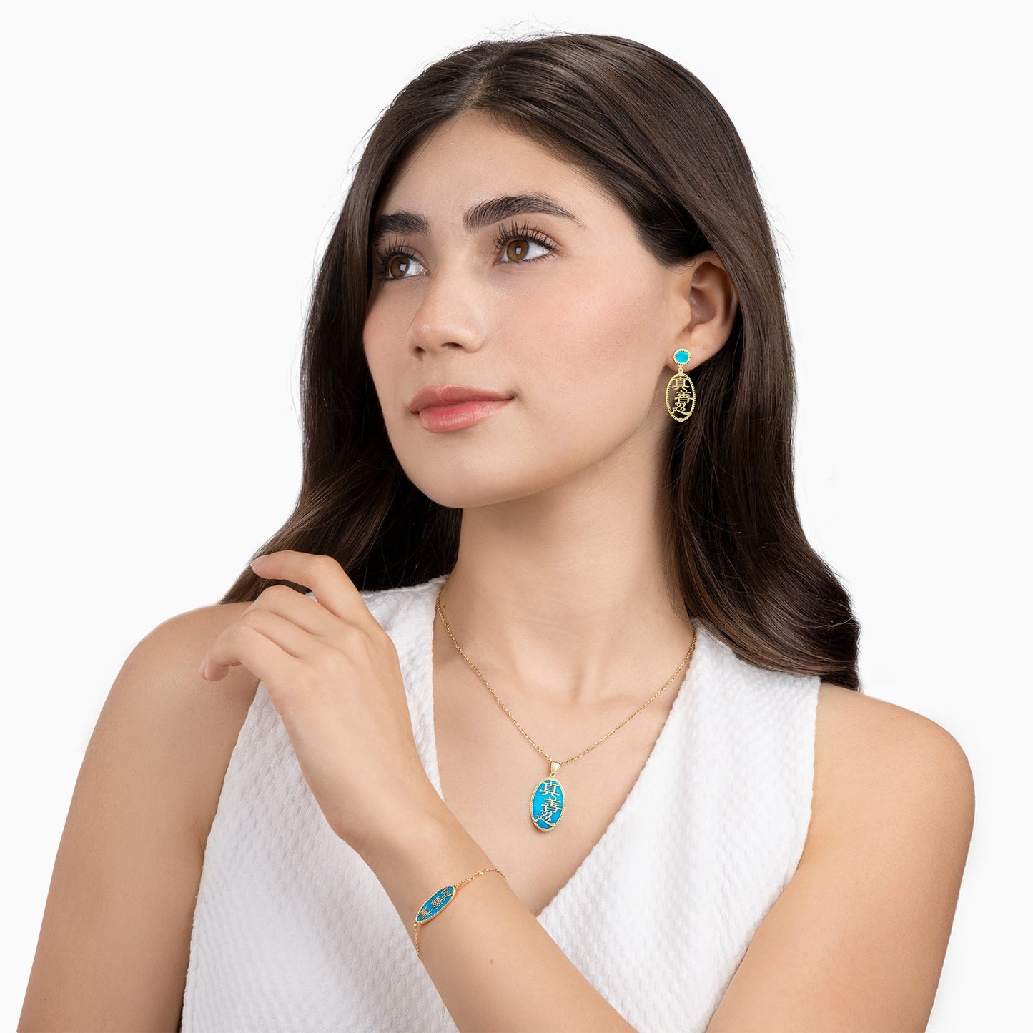 Zhen Shan Ren Words Earrings 14kt with blue MOP