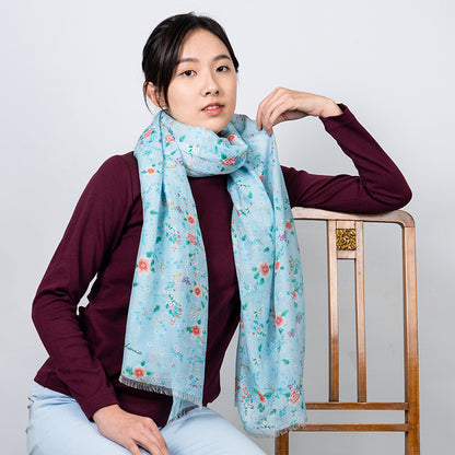 Celestial Flowers Long Scarf - Blue