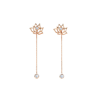 Lotus Fairies Stud Earrings Rose Gold With Stone and Dangle Chain  | Shen Yun Collections