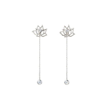Lotus Fairies Stud Earrings Silver With Stone and Dangle Chain | Shen Yun Collections