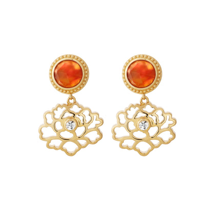 Majestic Tang Peony Earrings Gold Vermeil with Orange Carnelian