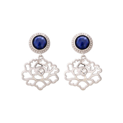 Majestic Tang Peony Earrings Silver with Lapis
