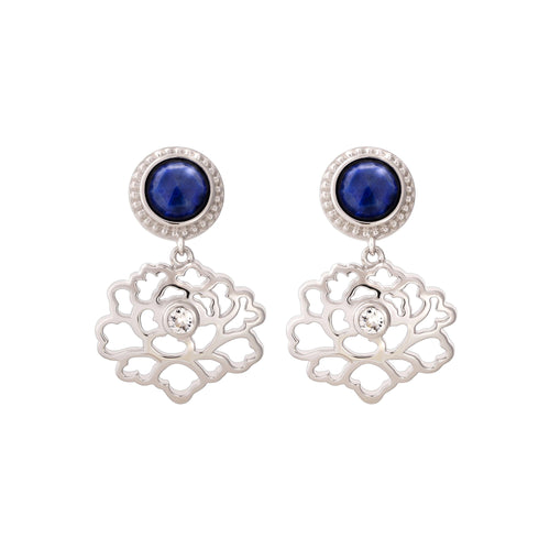 Majestic Tang Peony Earrings Silver with Lapis