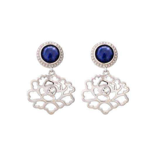 Majestic Tang Peony Earrings Silver with Lapis