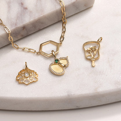 Orchid Hand Fan Charm - Gold