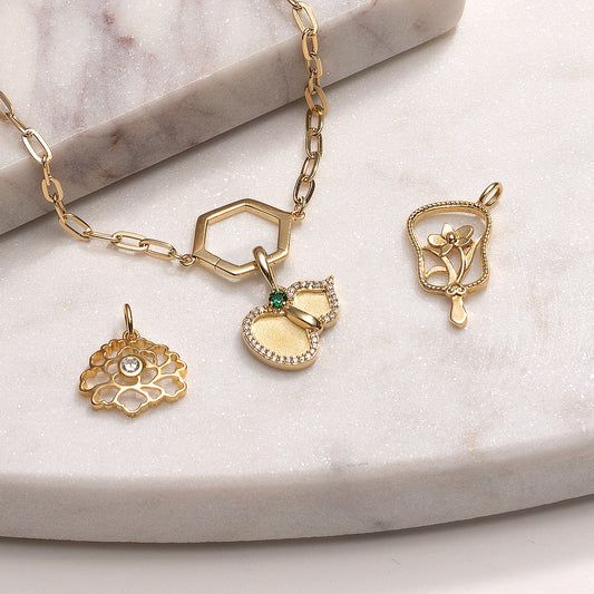 Orchid Hand Fan Charm - Gold